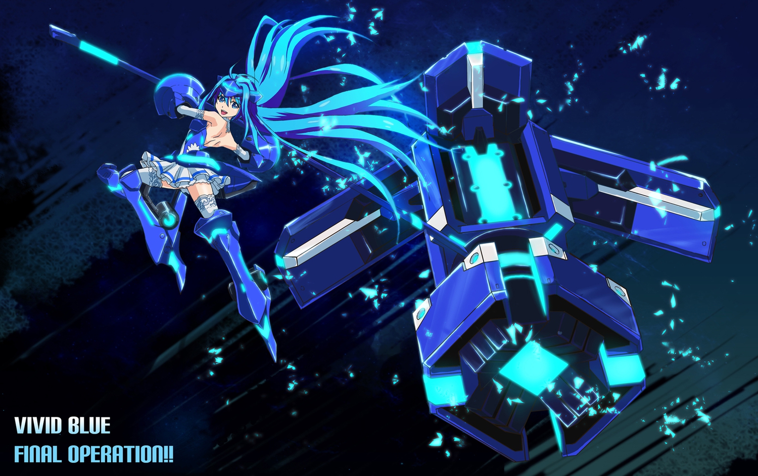 armor, blue_eyes, blue_hair, dress, futaba_aoi_(vividred_operation), long_hair, thighhighs, vividblue, vividred_operation, weapon