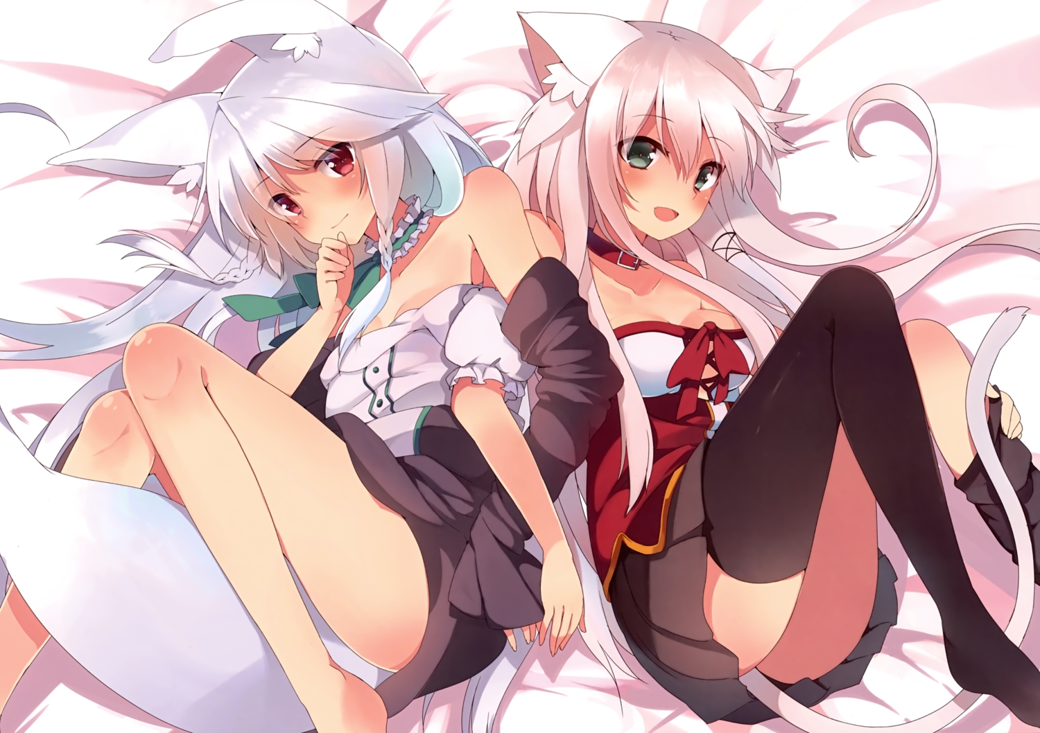 2girls, animal_ears, aqua_eyes, blue_hair, bow, breasts, catgirl, cleavage, collar, fang, foxgirl, long_hair, mishima_kurone, pink_hair, red_eyes, tagme, tail, thighhighs