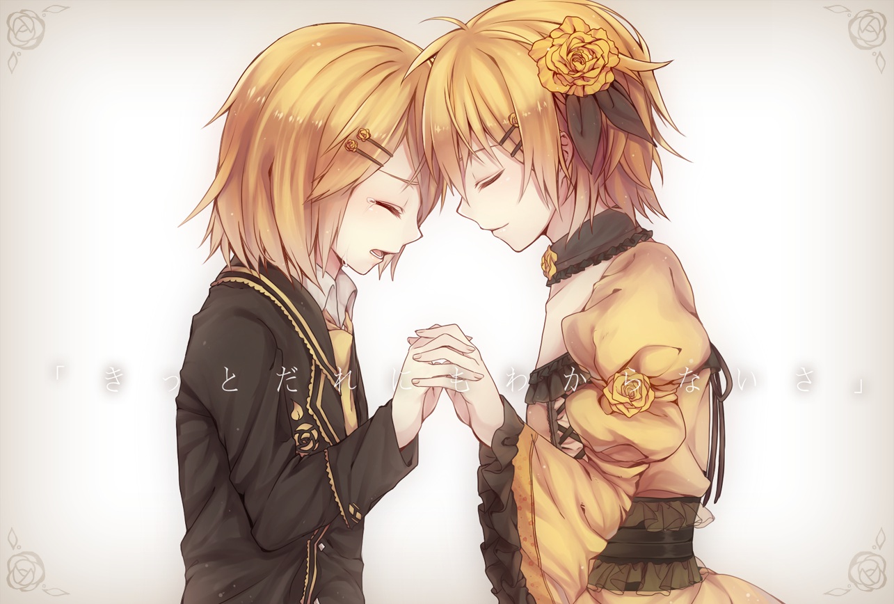 aku_no_meshitsukai_(vocaloid), aku_no_musume_(vocaloid), blonde_hair, crying, flowers, kagamine_len, kagamine_rin, male, otoko_no_ko, rose, sakana_dango, short_hair, tears, vocaloid