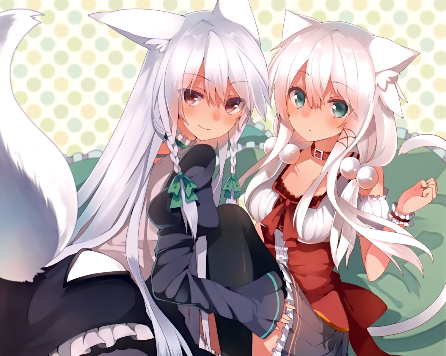 2girls, animal_ears, catgirl, dark_skin, foxgirl, long_hair, mishima_kurone, tagme