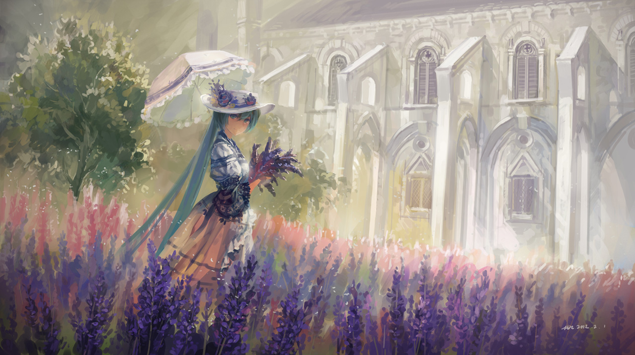 aqua_eyes, aqua_hair, building, dress, flowers, hat, hatsune_miku, hjl, signed, tree, umbrella, vocaloid