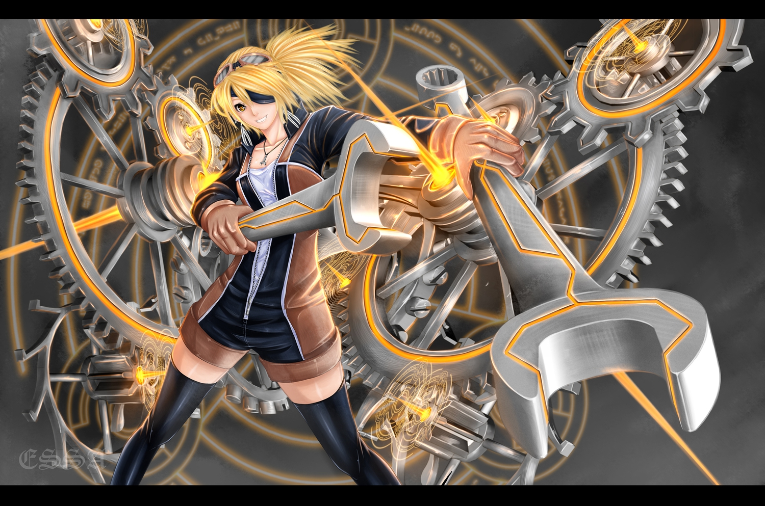blonde_hair, essagna, eyepatch, gloves, goggles, tagme, thighhighs, yellow_eyes