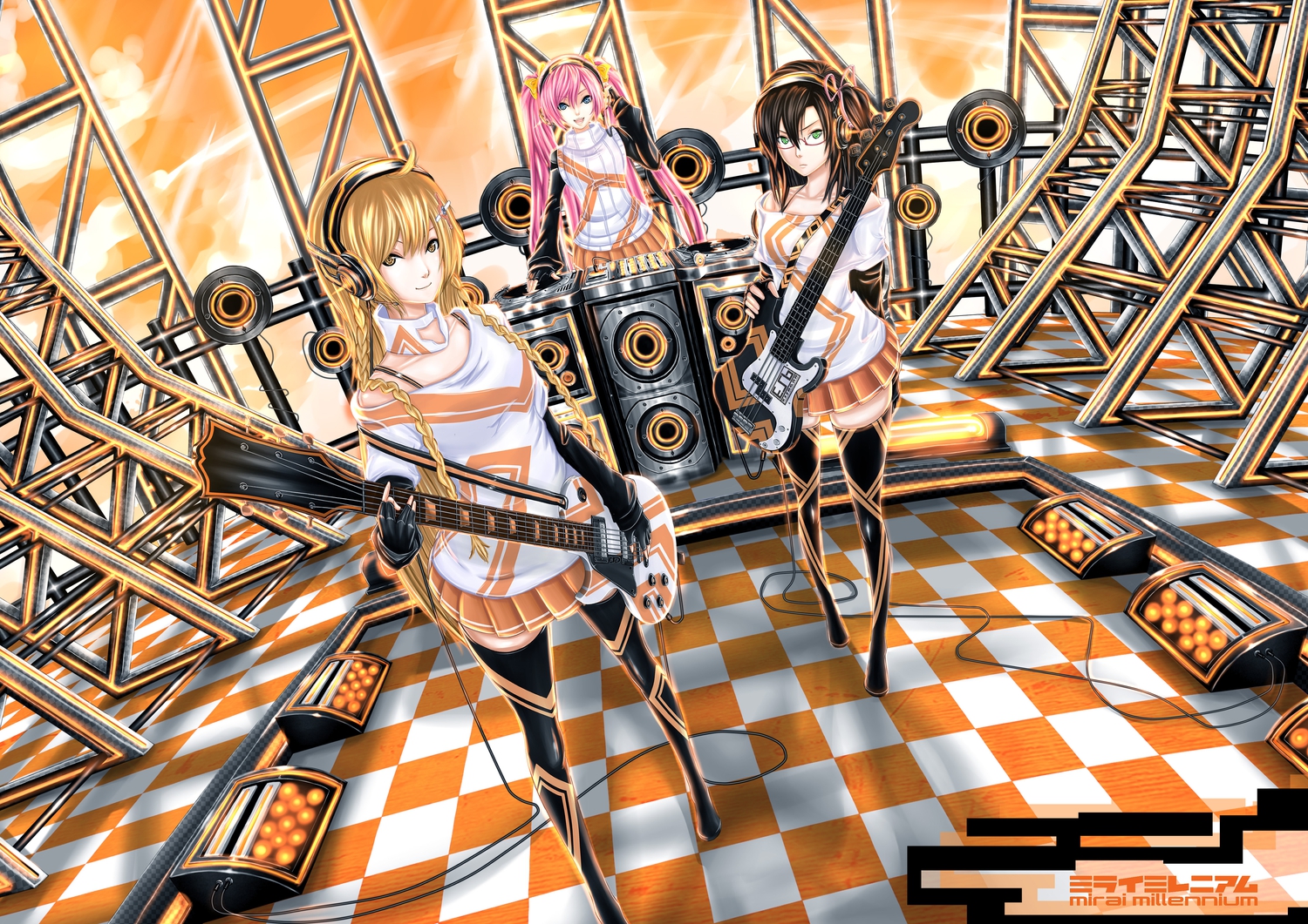 blonde_hair, blue_eyes, brown_hair, essagna, gloves, green_eyes, guitar, headphones, instrument, long_hair, pink_hair, suenaga_mirai, tagme, yellow_eyes