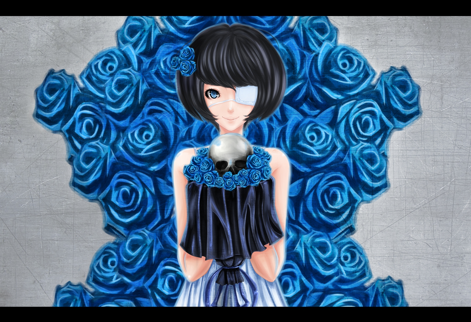 black_hair, blue_eyes, essagna, eyepatch, flowers, rose, short_hair, skull