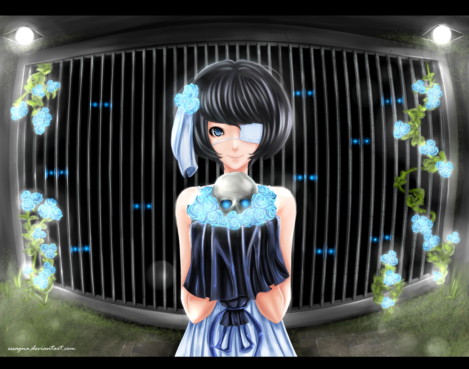 black_hair, blue_eyes, essagna, eyepatch, flowers, rose, short_hair, skull