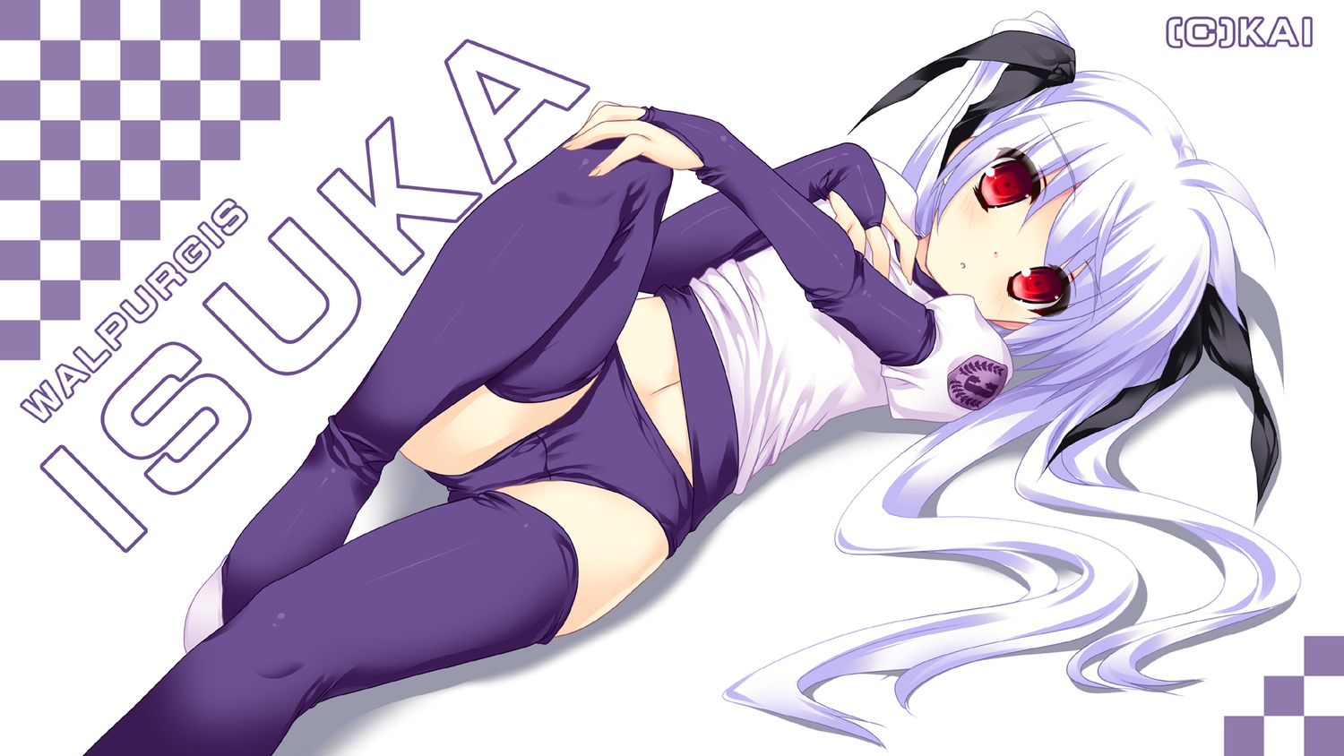 gym_uniform, long_hair, red_eyes, ribbons, shimesaba_kohada, thighhighs, walpurgis, white_hair