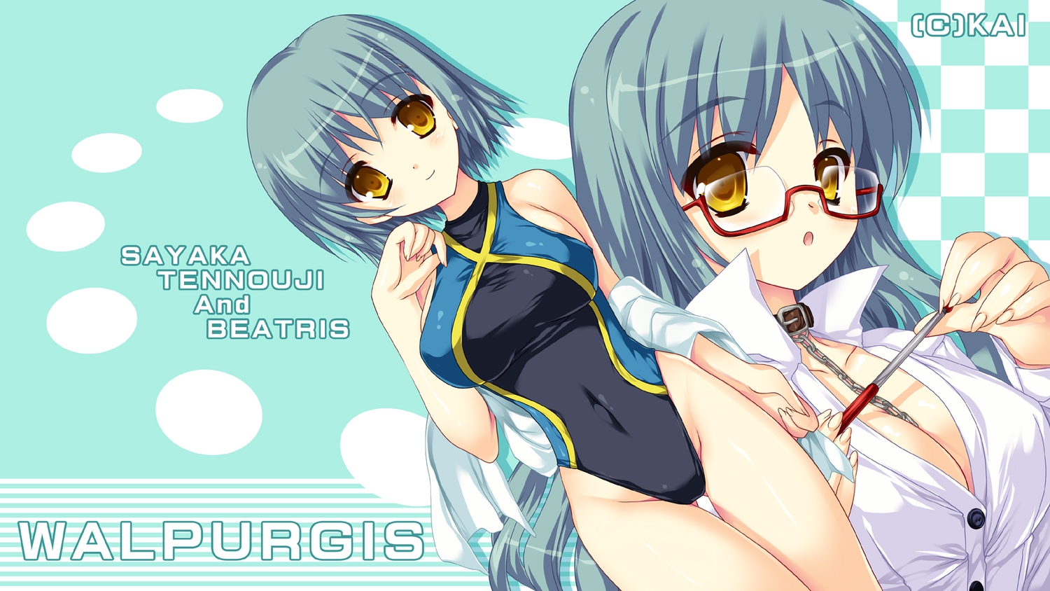breasts, cleavage, glasses, green_hair, shimesaba_kohada, short_hair, swimsuit, walpurgis