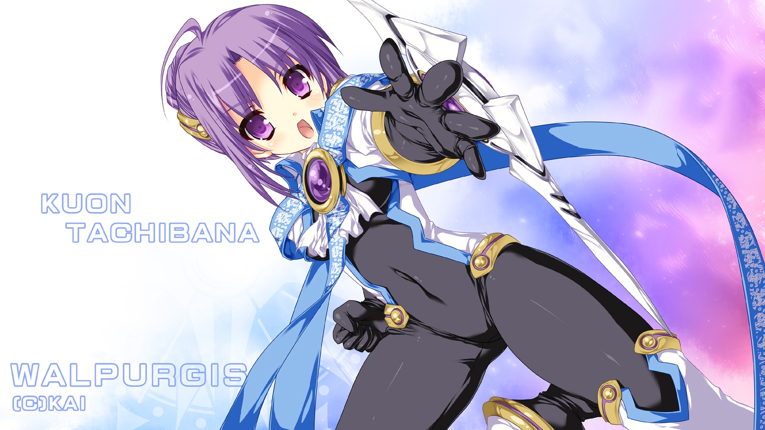 bodysuit, purple_eyes, purple_hair, shimesaba_kohada, skintight, walpurgis, weapon