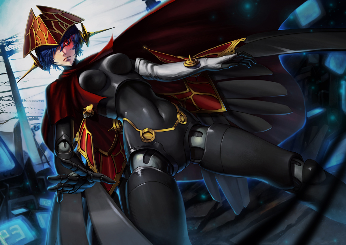 armor, blue_hair, kote_(tures), persona, persona_3, red_eyes, short_hair, tagme