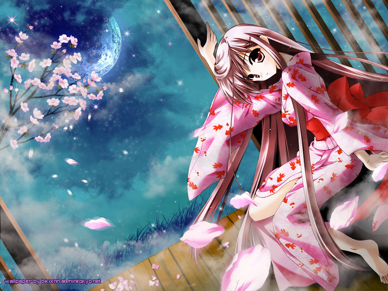 cherry_blossoms, flowers, japanese_clothes, kimono, long_hair, minase_lin, moon, signed