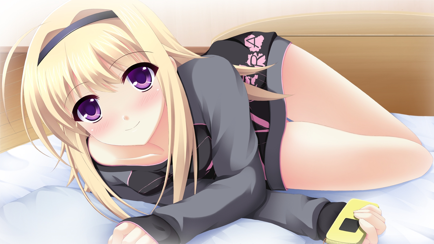 bed, blonde_hair, chaos;head, nishijou_nanami, nora_(otome70121), phone, purple_eyes
