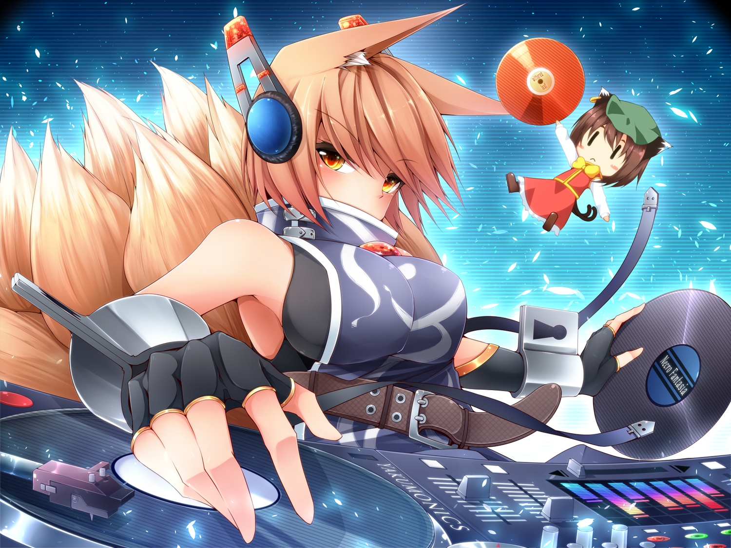 animal_ears, catgirl, chen, foxgirl, headphones, midori_(misuriru8), multiple_tails, tail, touhou, yakumo_ran