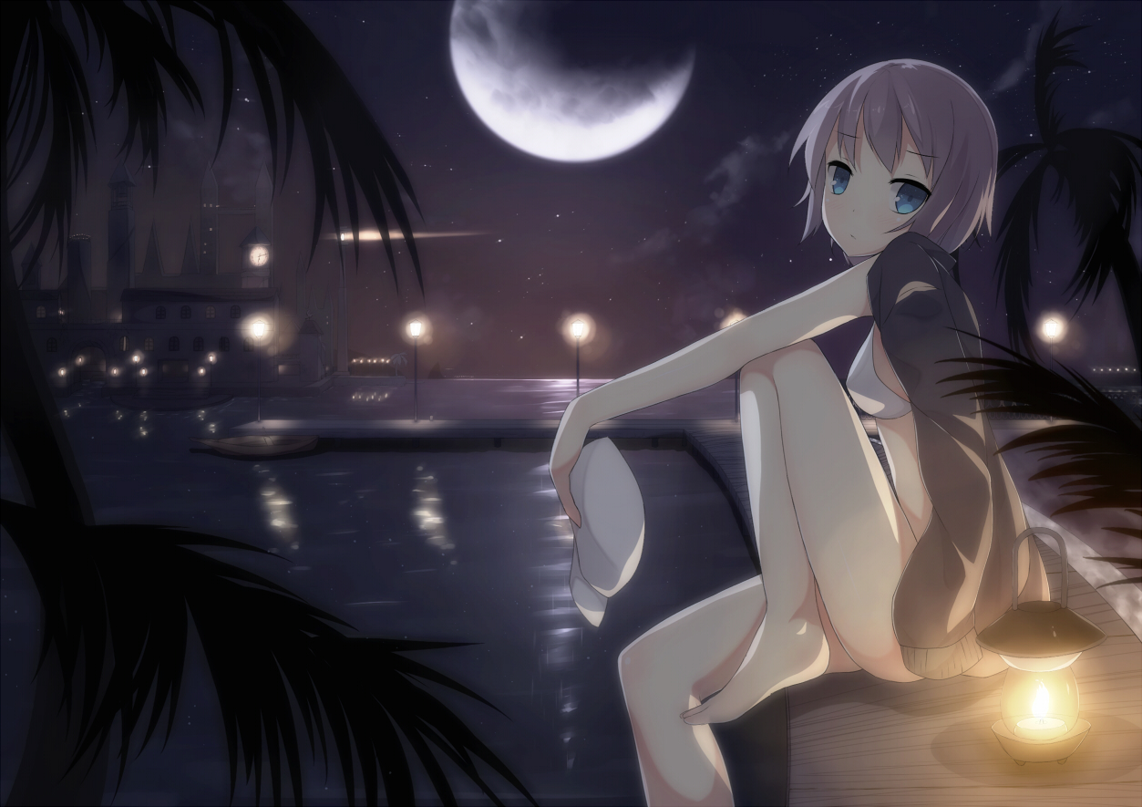 barefoot, bikini, blue_eyes, building, gray_hair, hat, moon, murasa_minamitsu, nagomi_no_ame, night, swimsuit, touhou, tree, water