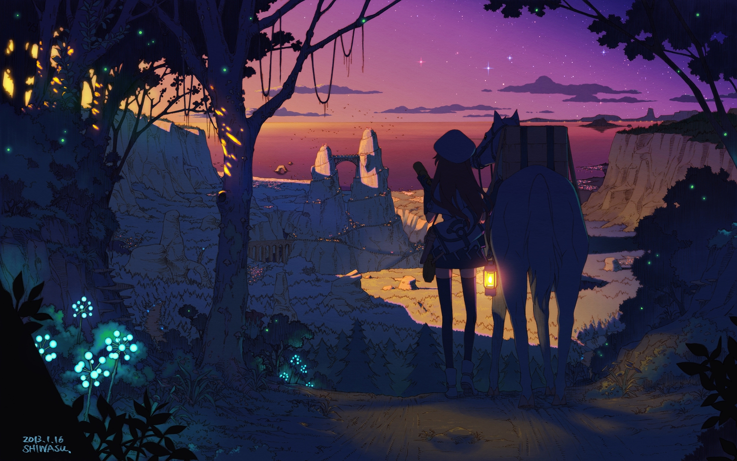 animal, brown_hair, clouds, forest, hat, horse, landscape, long_hair