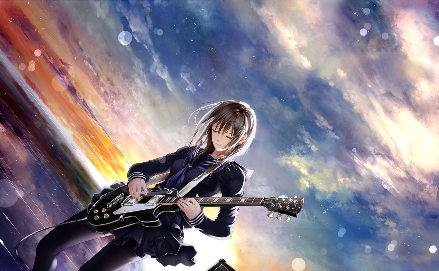 brown_hair, clouds, giba_(out-low), guitar, instrument, original, pantyhose, school_uniform