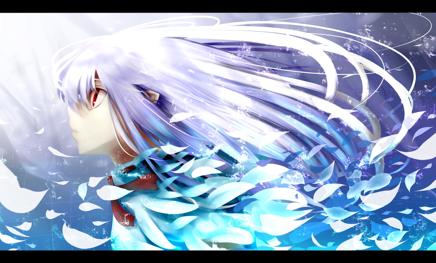 blue, long_hair, original, pen_(pixiv257621), petals, pointed_ears, red_eyes, white_hair