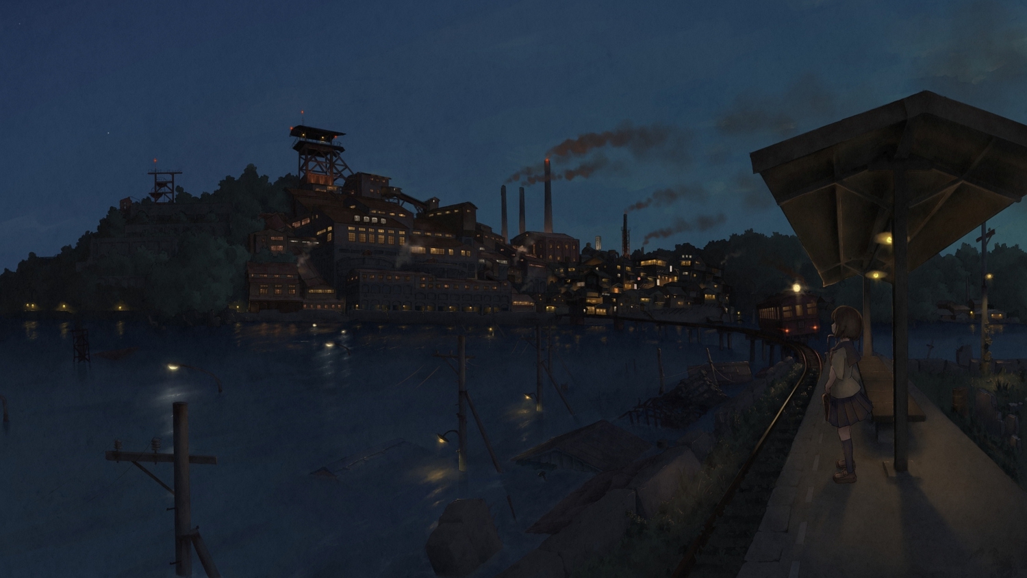 brown_hair, building, city, dark, kneehighs, landscape, night, original, pochi_(poti1990), scenic, school_uniform, short_hair, skirt, train, water