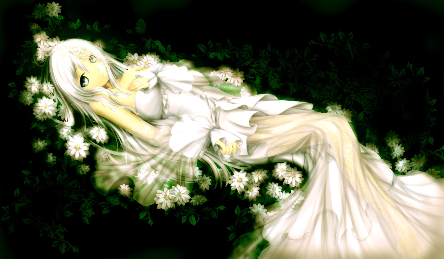 dress, flowers, original, ulquiorra0, white_hair