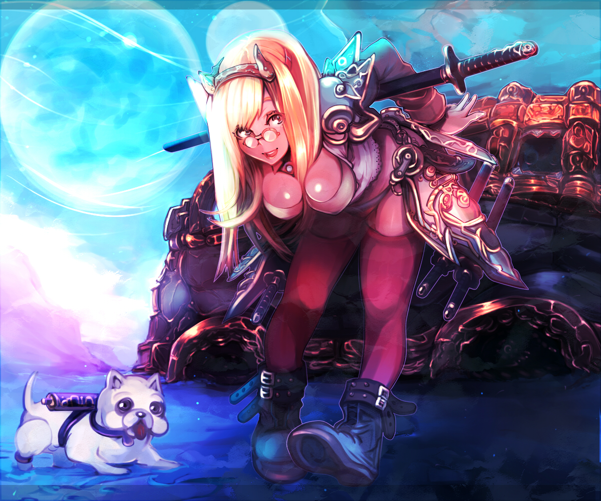 aguhari, animal, armor, blonde_hair, boots, breasts, cleavage, dog, glasses, long_hair, original, sword, thighhighs, weapon