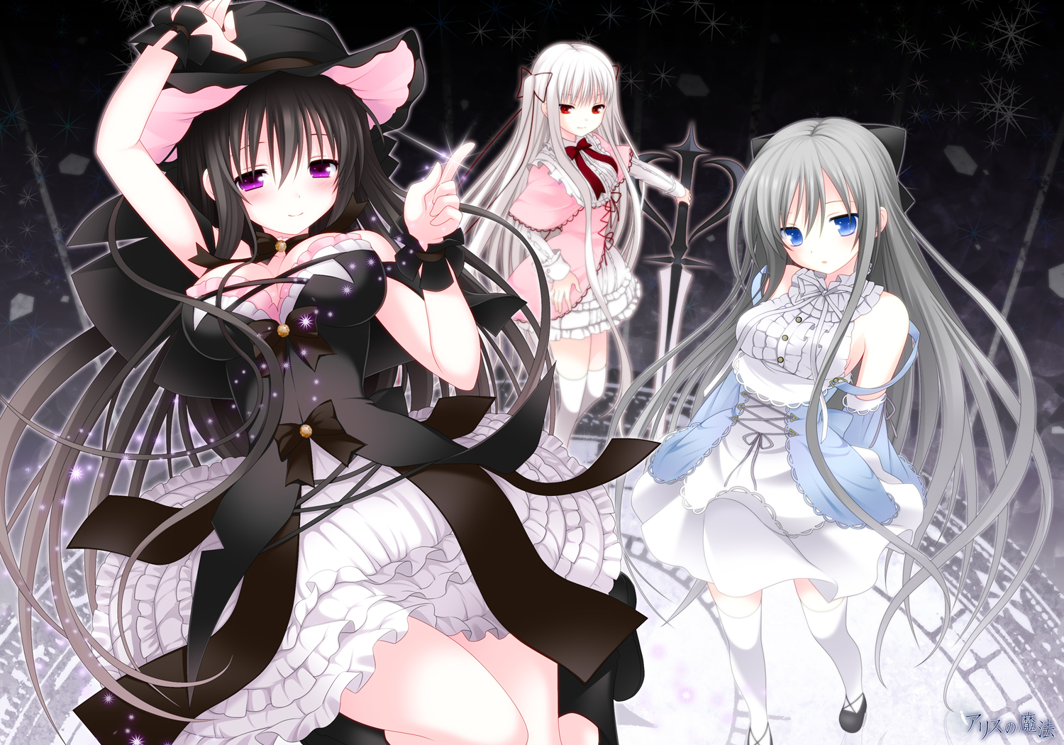 black_hair, blue_eyes, blush, gray_hair, hat, long_hair, makita_makino, original, purple_eyes, red_eyes, sword, weapon, white_hair