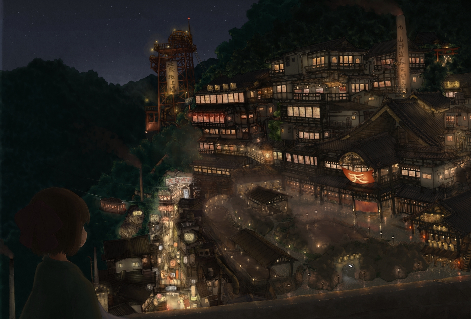 brown_hair, city, night, original, pochi_(poti1990), scenic, short_hair, stars