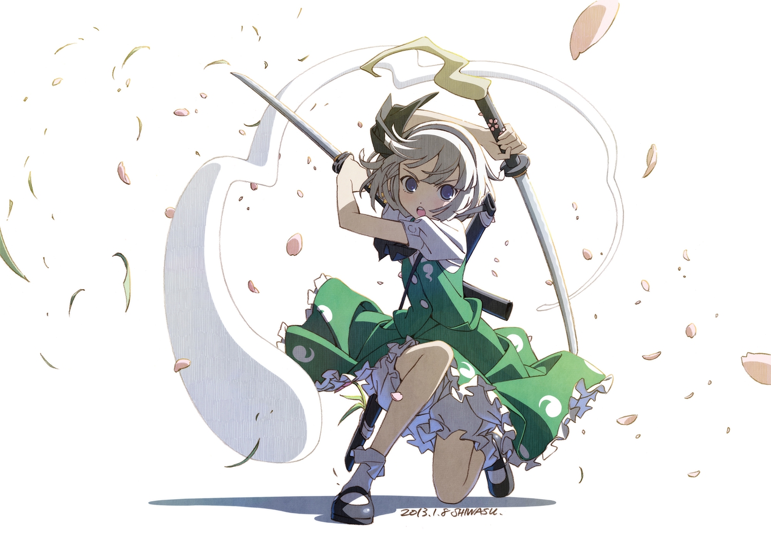 katana, konpaku_youmu, leaves, myon, petals, shiwasu_takashi, sword, touhou, weapon