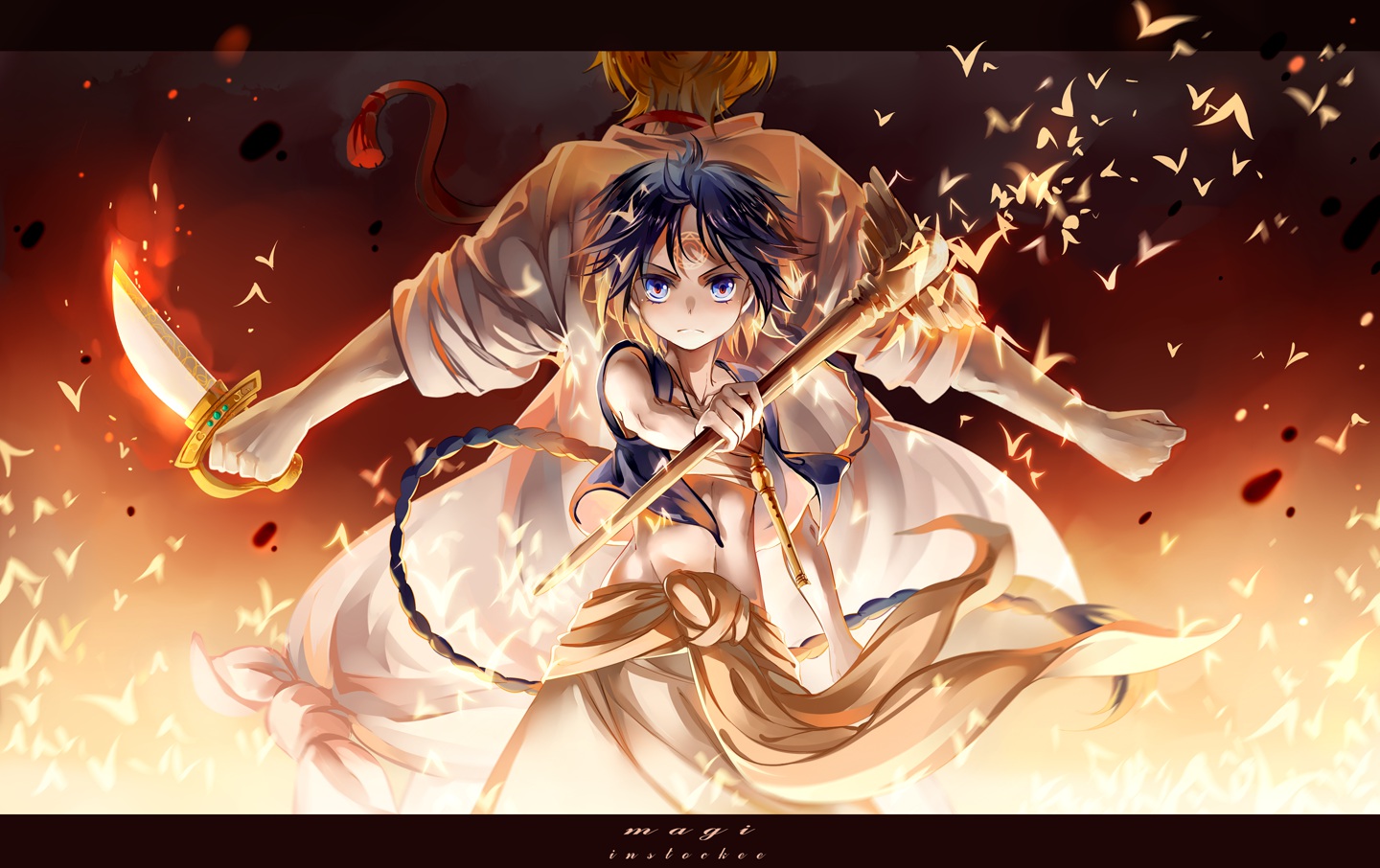 aladdin_(magi), ali_baba_saluja, all_male, blonde_hair, blue_eyes, blue_hair, butterfly, instockee, knife, long_hair, magi_the_labyrinth_of_magic, male, tagme, weapon