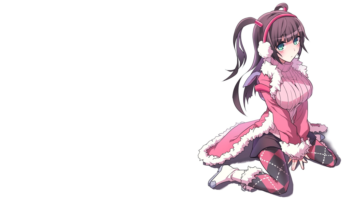 blush, brown_hair, earmuffs, jpeg_artifacts, munyunyu, pantyhose, pop'n_music, tsurara, white