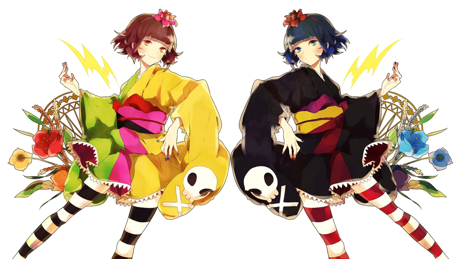 blue_eyes, blue_hair, brown_eyes, brown_hair, flowers, japanese_clothes, kanoko, pop'n_music