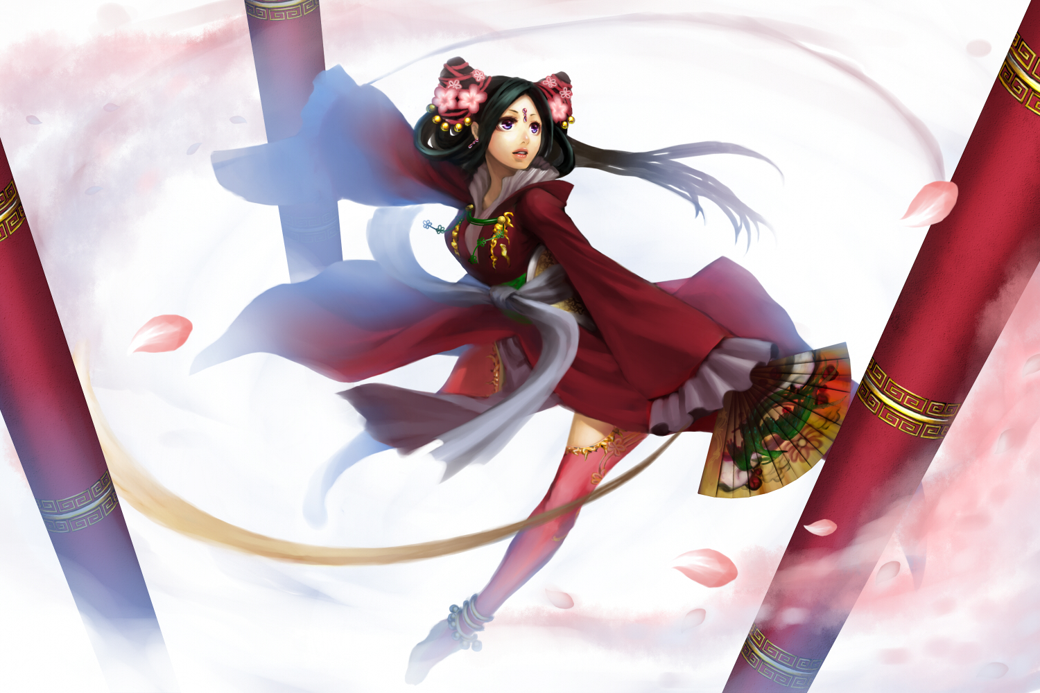 black_hair, chinese_clothes, fan, original, petals, purple_eyes, snail8, thighhighs
