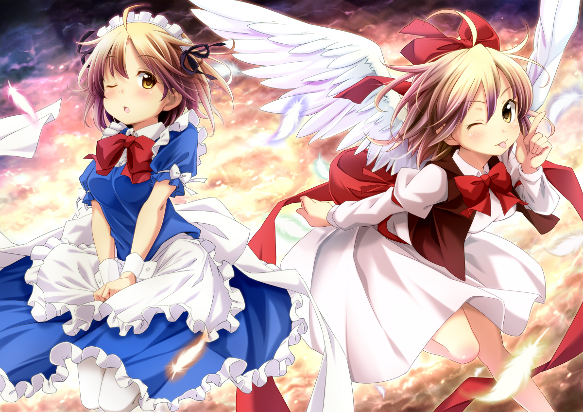 2girls, ayase_midori, feathers, gengetsu, maid, mugetsu_(touhou), touhou, wings, wink