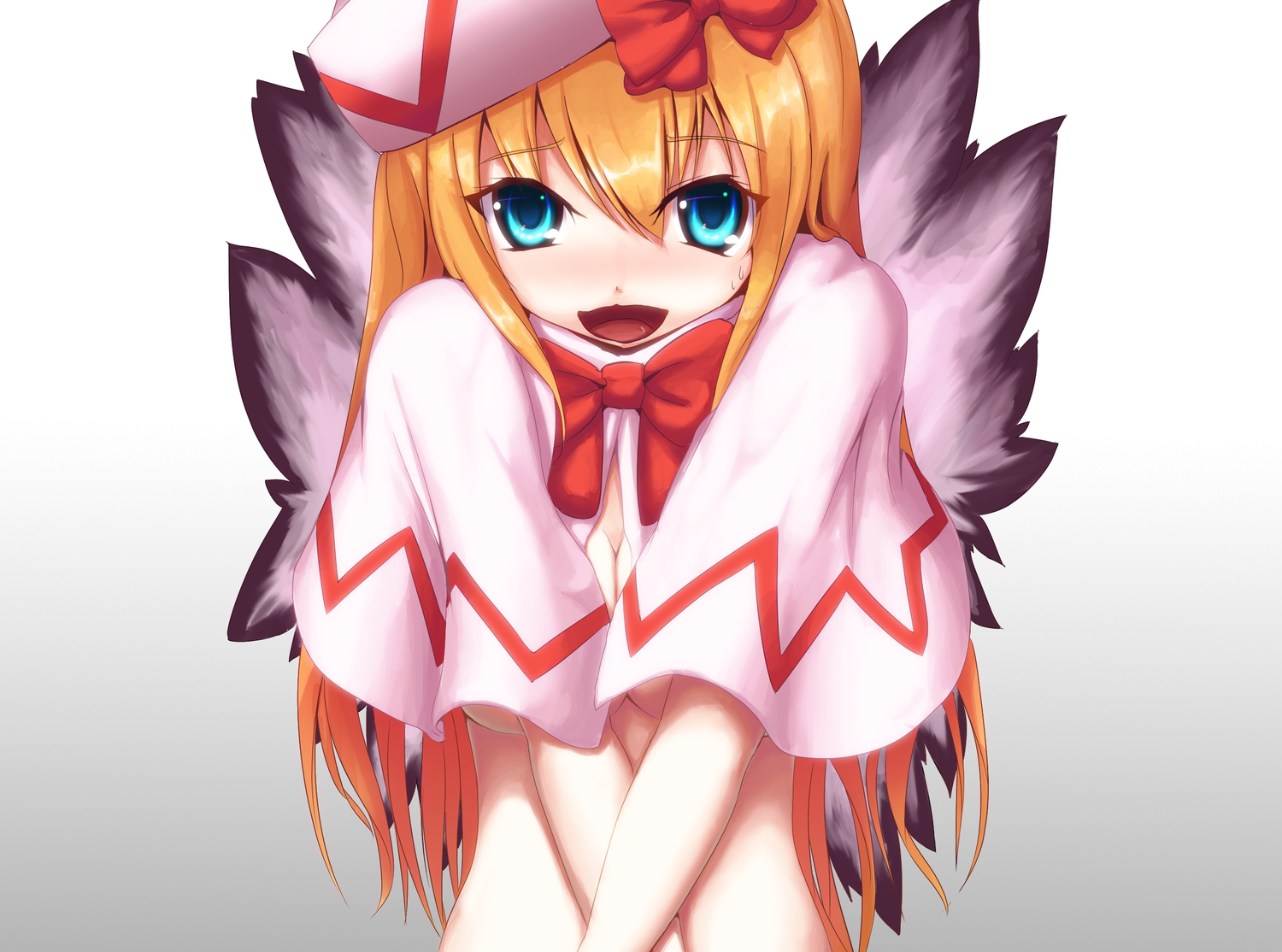 agent_(ikuoikuo), aqua_eyes, blonde_hair, bow, breasts, cleavage, fairy, hat, lily_white, long_hair, touhou, underboob, white, wings