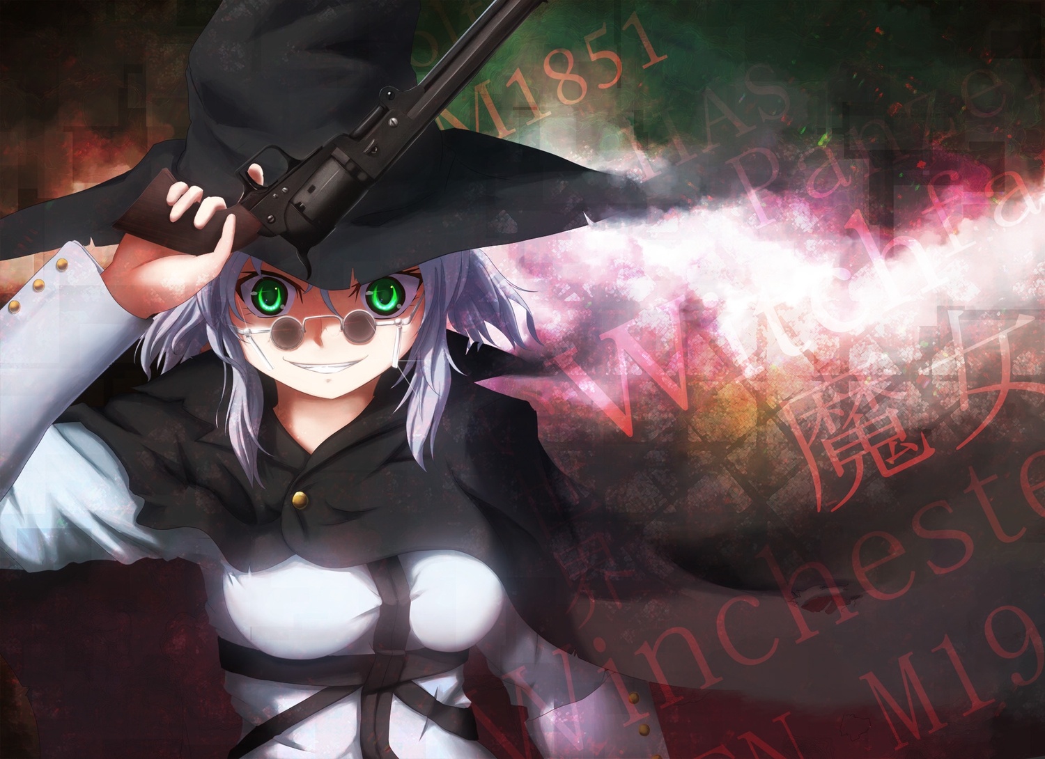 agent_(ikuoikuo), cape, glasses, green_eyes, gun, hat, jpeg_artifacts, short_hair, tagme_(character), weapon, white_hair, witch