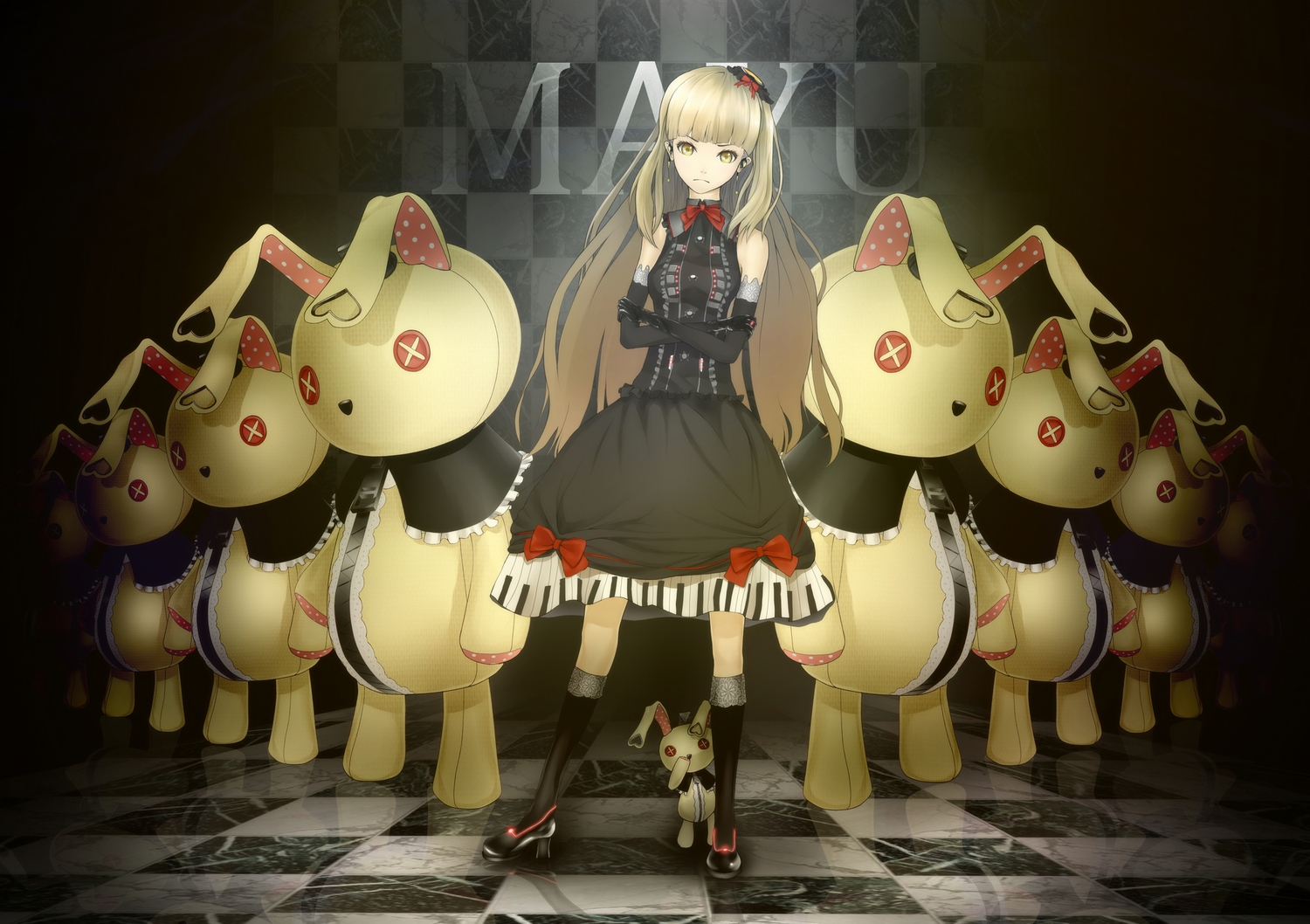 blonde_hair, bunny, doll, dress, elbow_gloves, gloves, long_hair, mayu_(vocaloid)