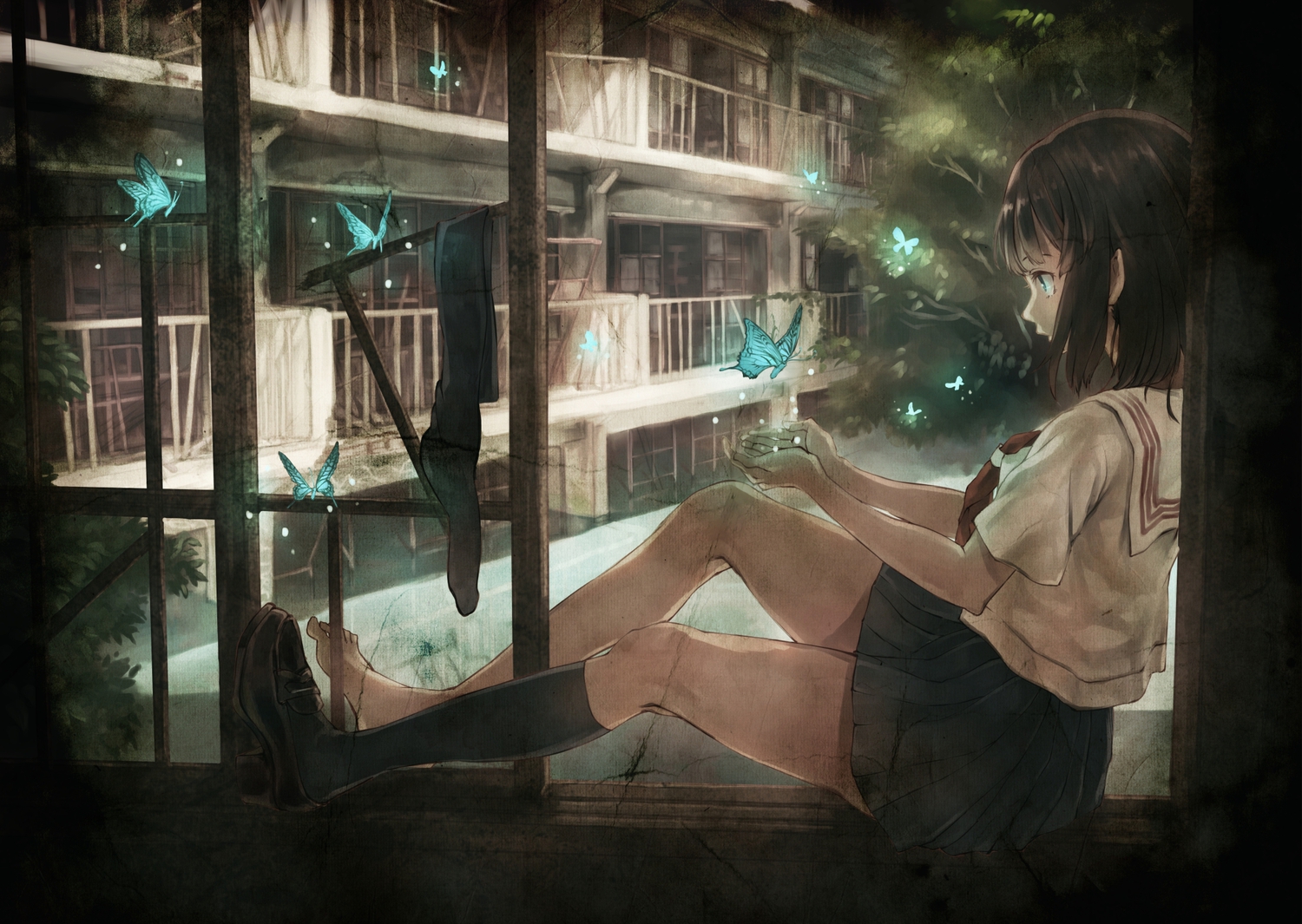 brown_hair, butterfly, original, school_uniform, short_hair, yasukura_(shibu11)