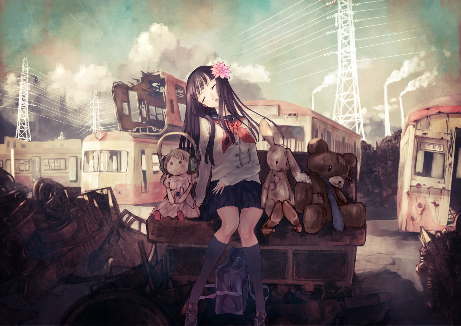 brown_hair, clouds, doll, original, school_uniform, short_hair, sky, yasukura_(shibu11)