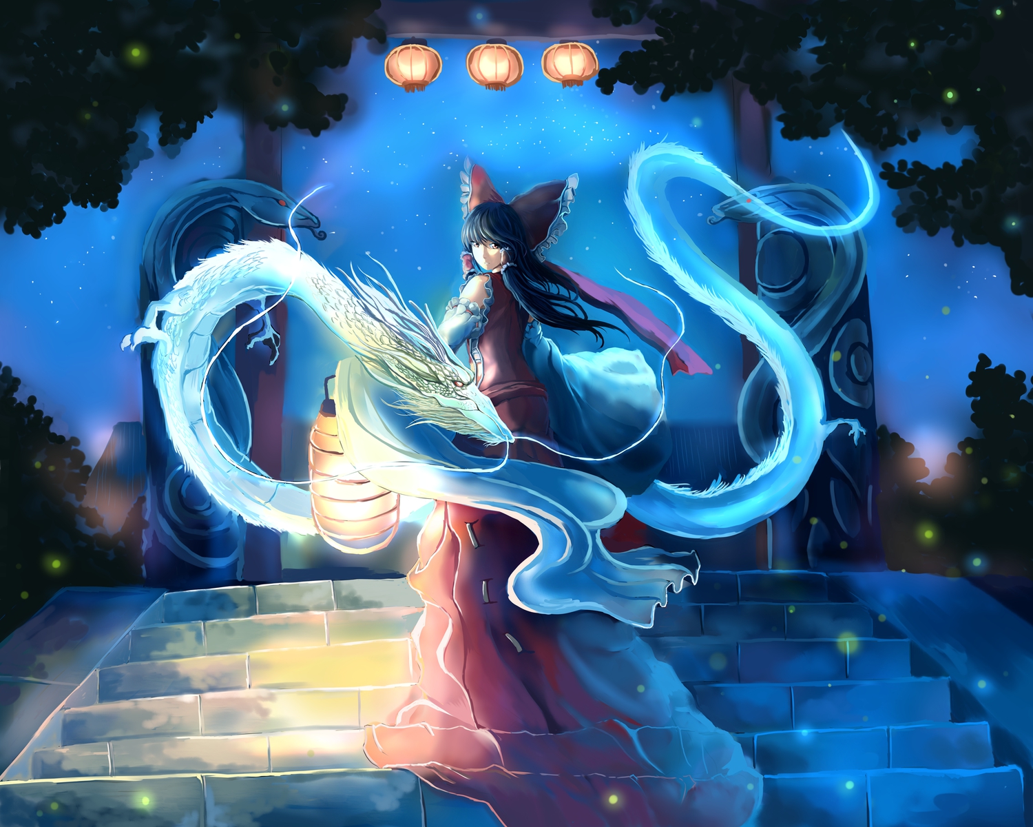 black_hair, bow, dragon, hakurei_reimu, japanese_clothes, long_hair, miko, night, orange_eyes, sky, stairs, stars, touhou, zen_(weishanzhe)