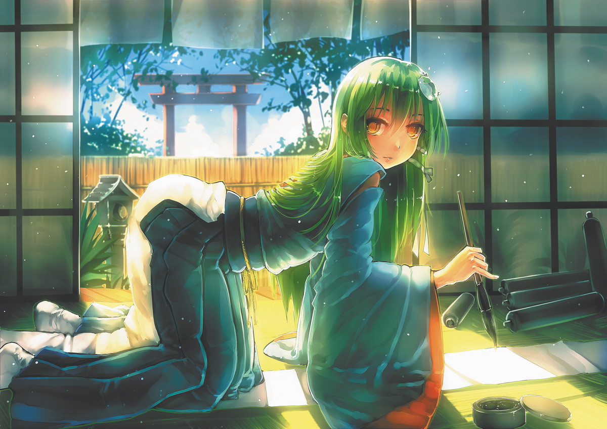 aoki_(miharuu), green_hair, japanese_clothes, kochiya_sanae, long_hair, miko, torii, touhou