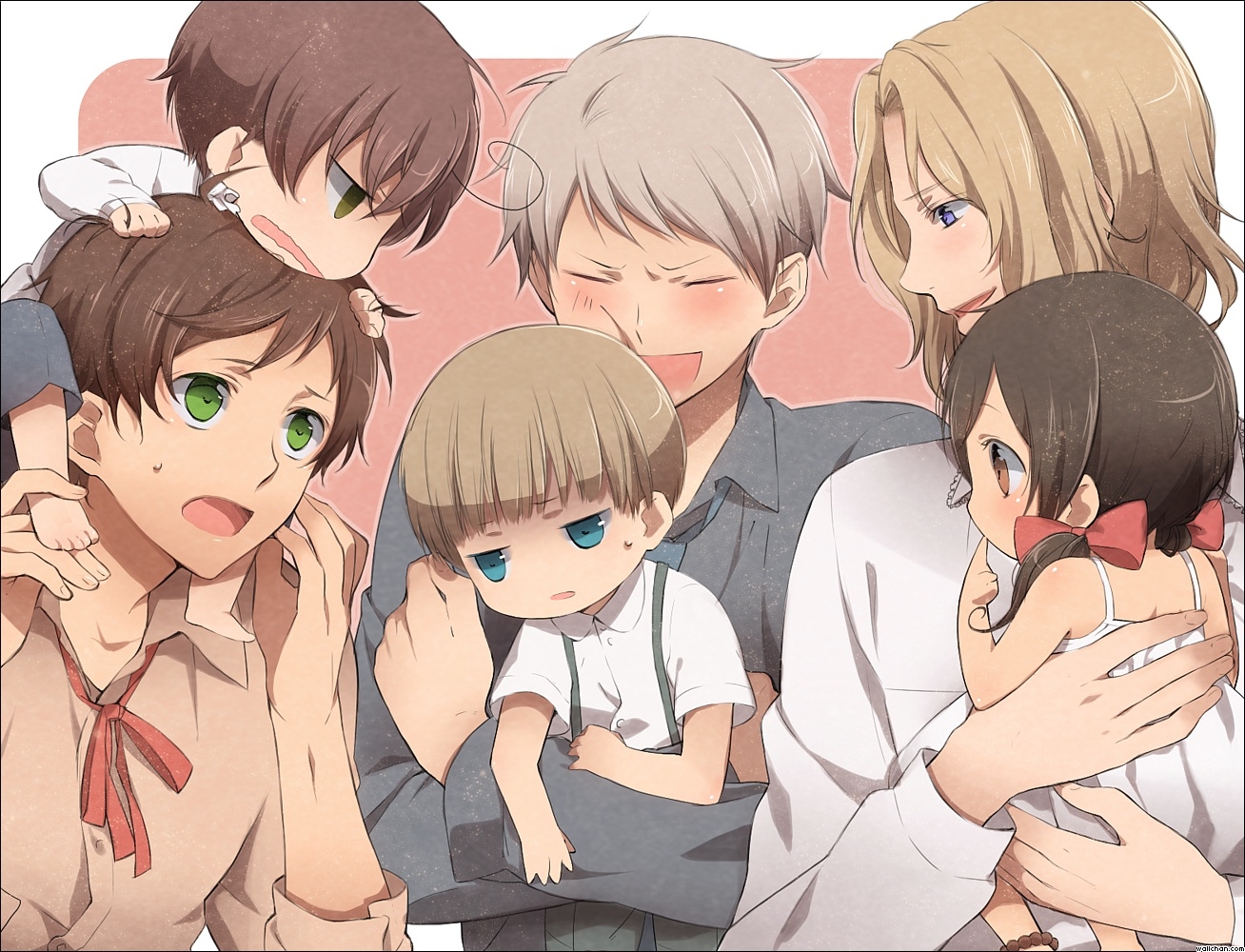 anthropomorphism, axis_powers_hetalia, blonde_hair, blue_eyes, blush, brown_eyes, brown_hair, france_(hetalia)