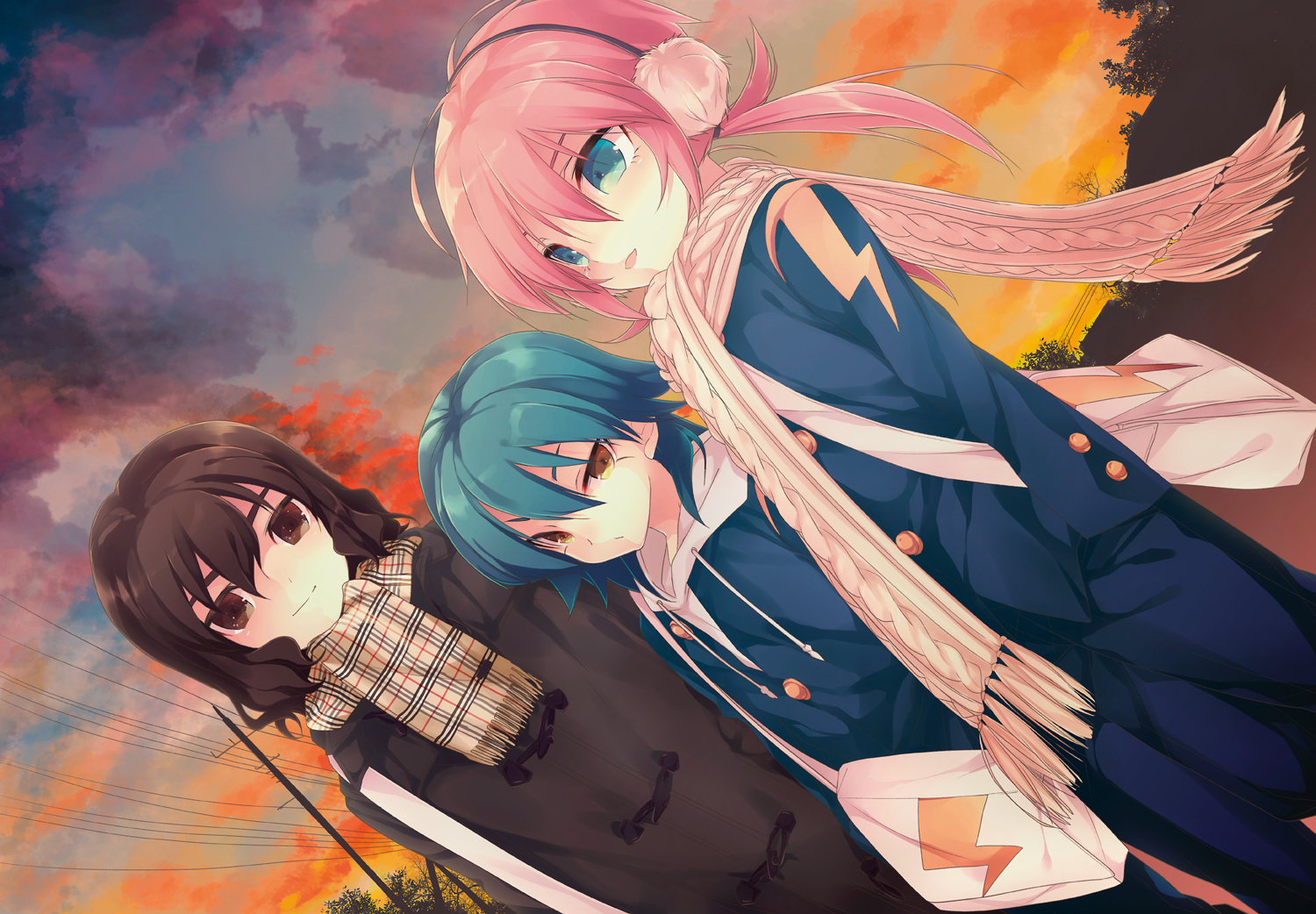 all_male, aqua_hair, blue_eyes, brown_eyes, brown_hair, inazuma_eleven, inazuma_eleven_go, kariya_masaki, kirino_ranmaru, long_hair, male, otoko_no_ko, pink_hair, scarf, school_uniform, shindou_takuto, short_hair