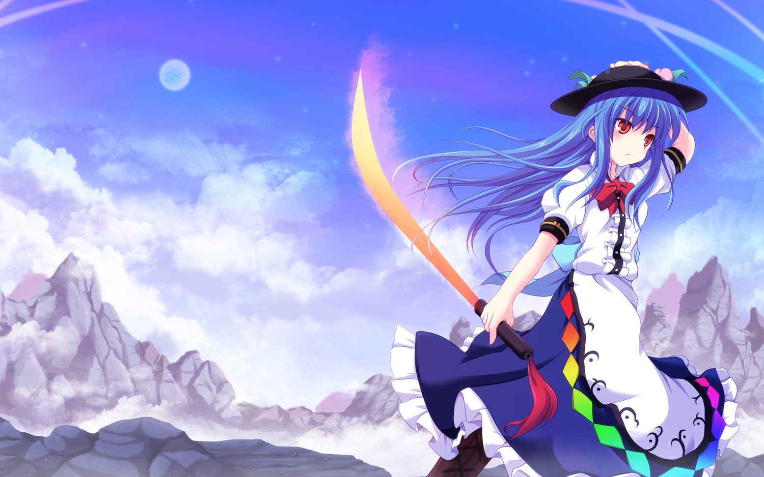 blue_hair, clouds, cross_(crossryou), dress, hat, hinanawi_tenshi, moon, sky