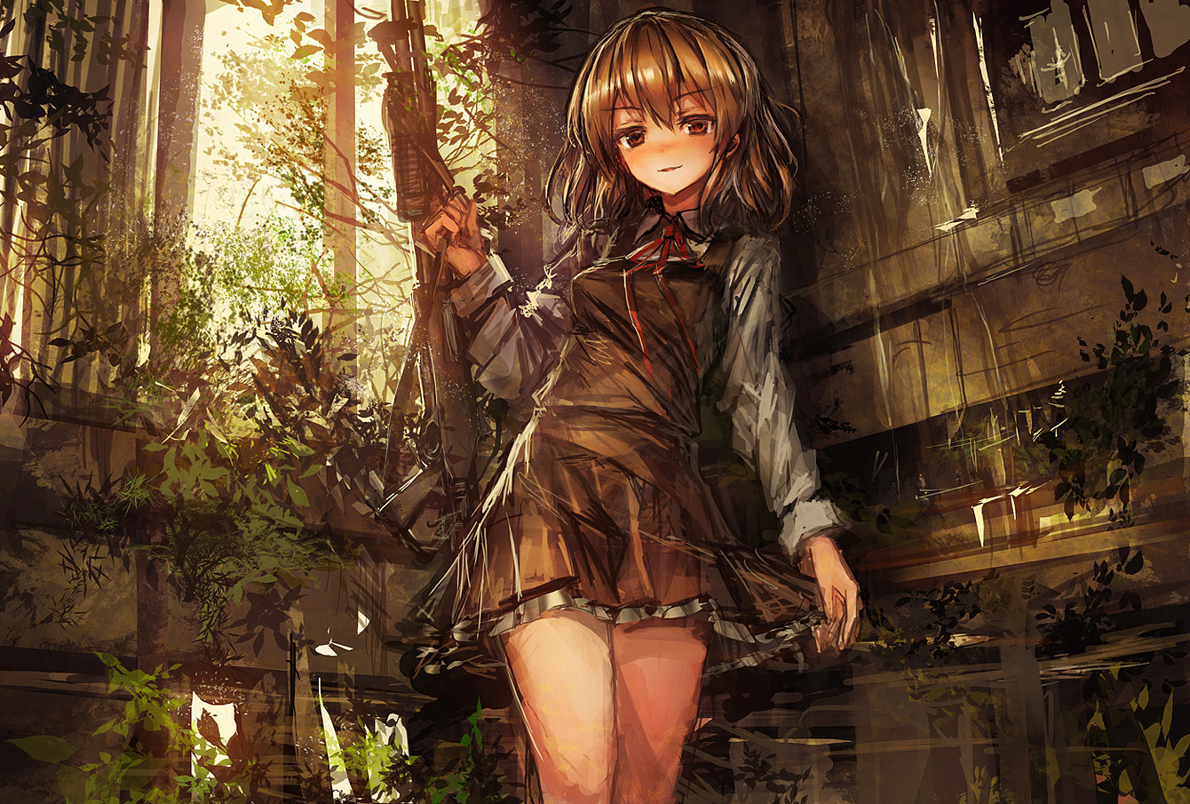 brown_hair, gun, lm7_(op-center), orange_eyes, original, weapon