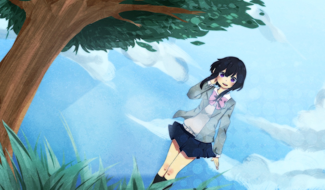 black_hair, clouds, kneehighs, purple_eyes, skirt, sky, terrainakka, tree