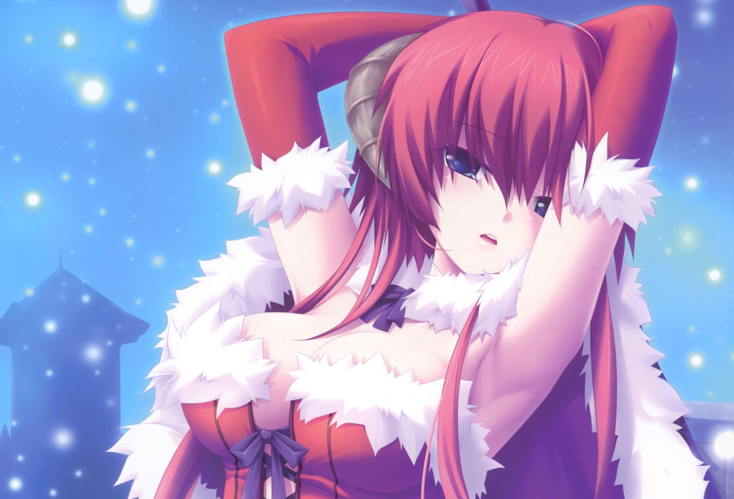 blue_eyes, breasts, christmas, cleavage, cropped, elbow_gloves, gloves, horns, kamidori_alchemy_meister, red_hair, scan, yakuri