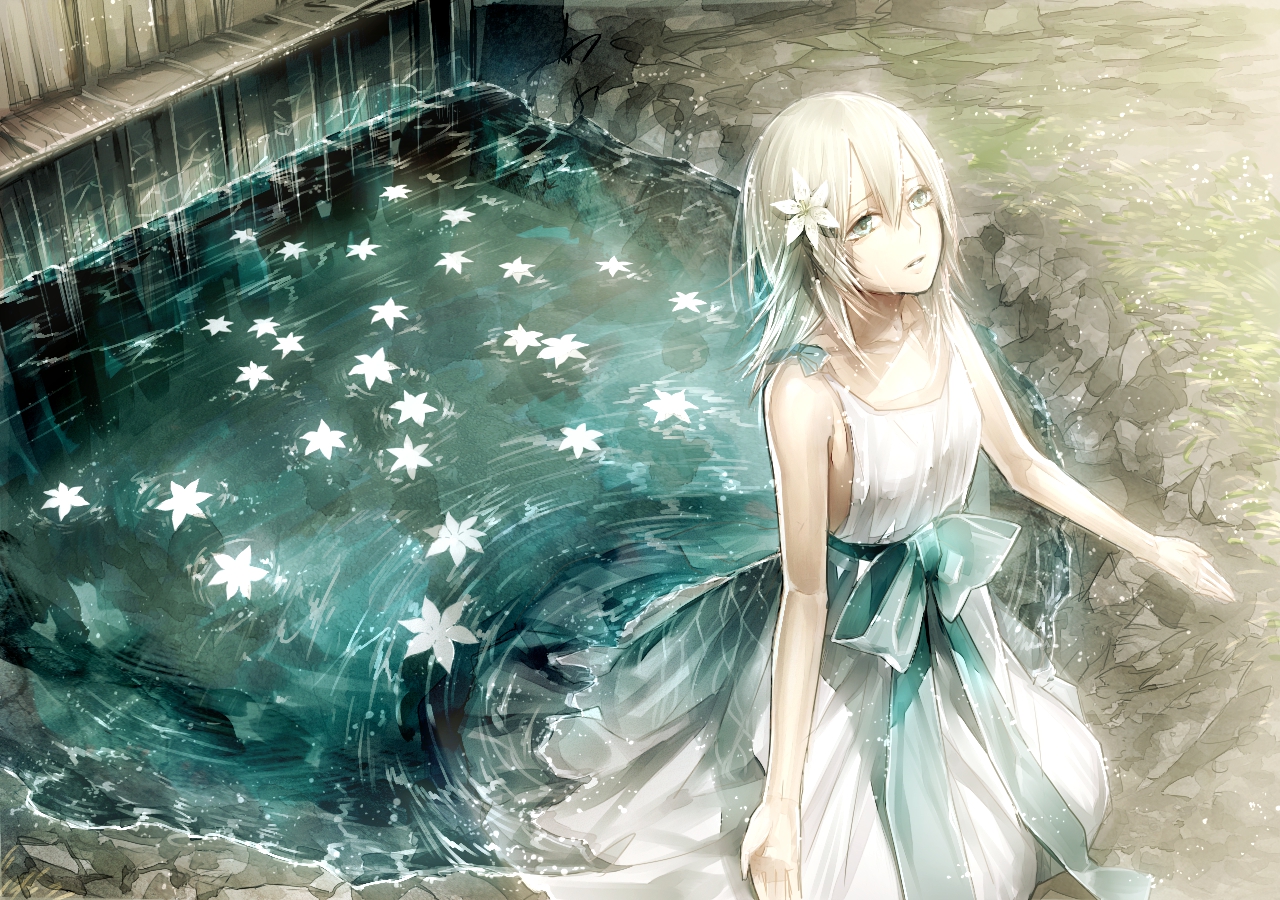 blonde_hair, dress, flowers, kazari_tayu, nier, ribbons, water, yonah