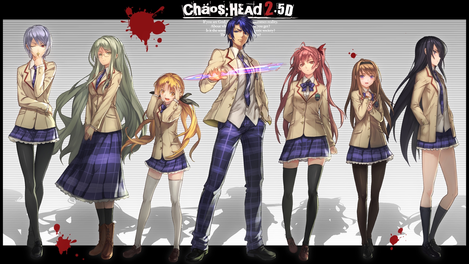 aoi_sena, black_hair, blonde_hair, blue_hair, brown_hair, chaos;head, gray_hair, group, kishimoto_ayase, kusonoki_yua, long_hair, male, nishijou_nanami, nishijou_takumi, orihara_kozue, pantyhose, pink_hair, ryuuzaki_ichi, sakihata_rimi, school_uniform, short_hair, sword, thighhighs, tie, twintails, weapon