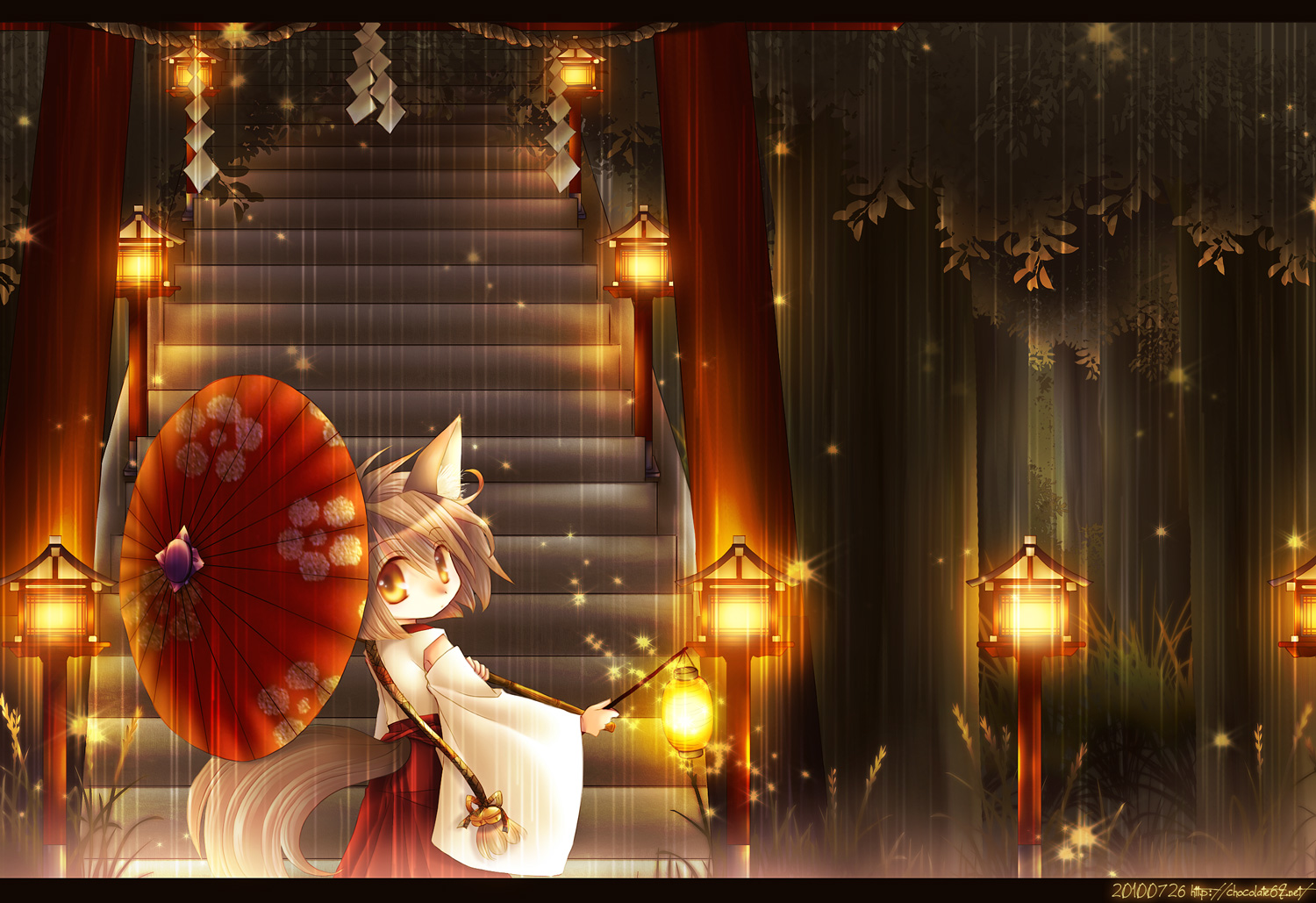 animal_ears, ascendancy, foxgirl, japanese_clothes, miko, original, rain, torii, umbrella, water