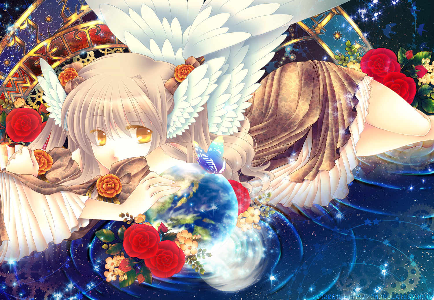 animal_ears, ascendancy, butterfly, flowers, original, rose, water, wings