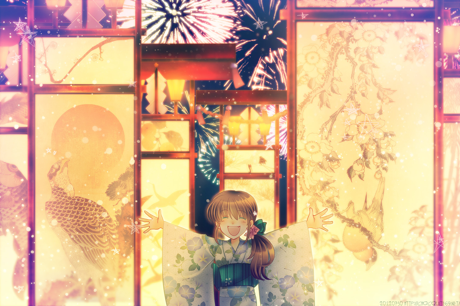 ascendancy, fang, fireworks, japanese_clothes, original, summer, yukata