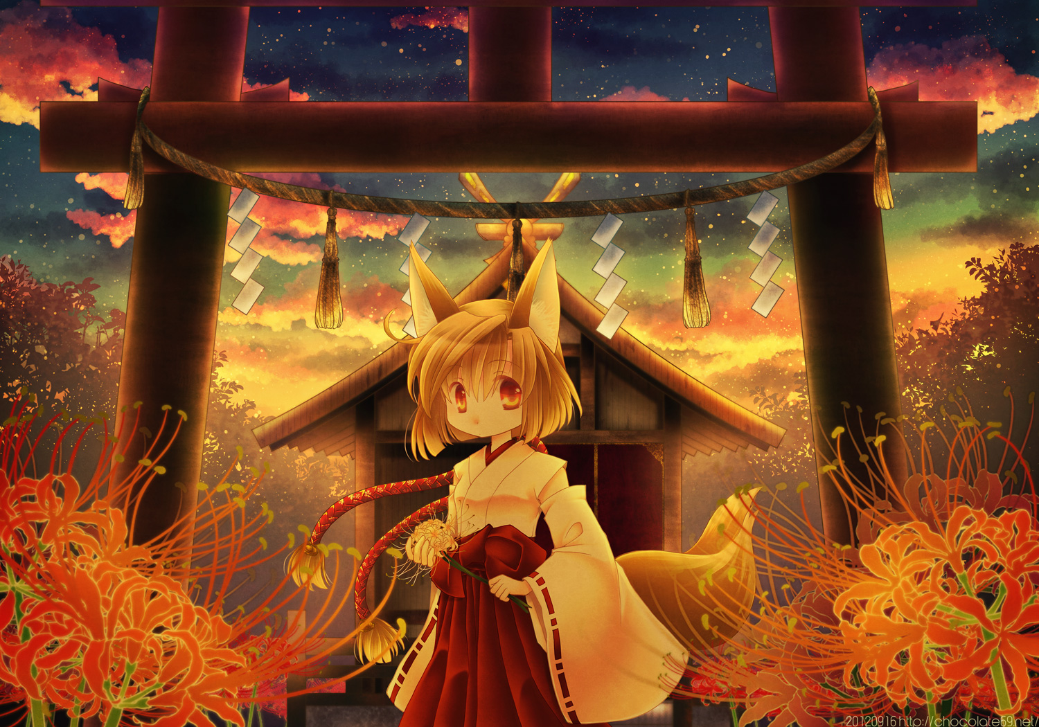 animal_ears, ascendancy, flowers, foxgirl, japanese_clothes, miko, original, sunset, torii